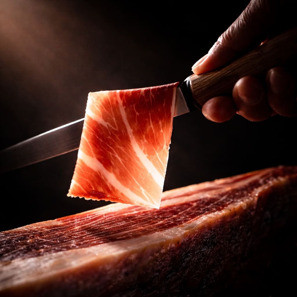Tranche de jambon ibérique suspendue à la pointe du couteau, mise en lumière