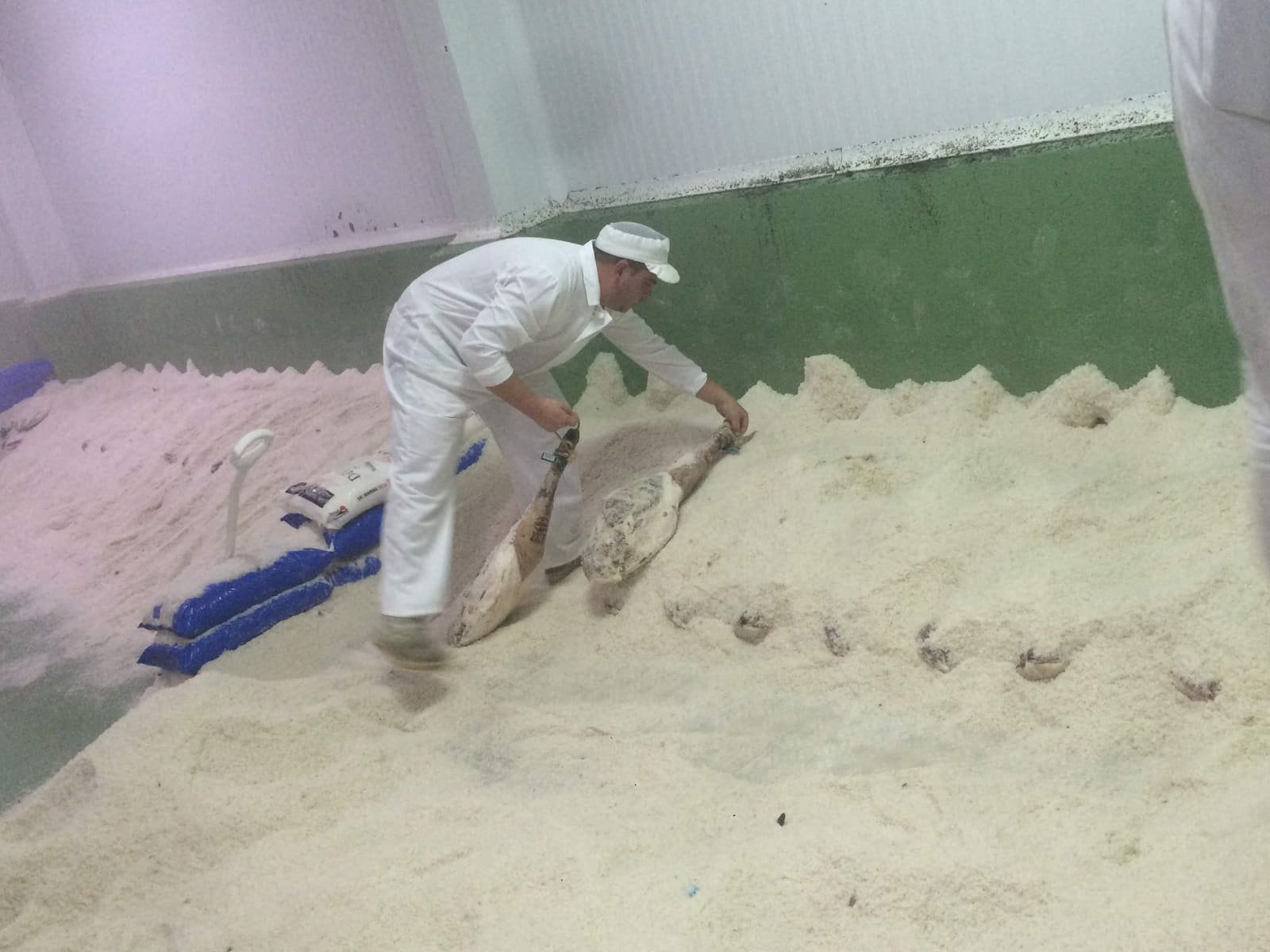Jambons ibériques suspendus en cours d'affinage dans une cave naturelle